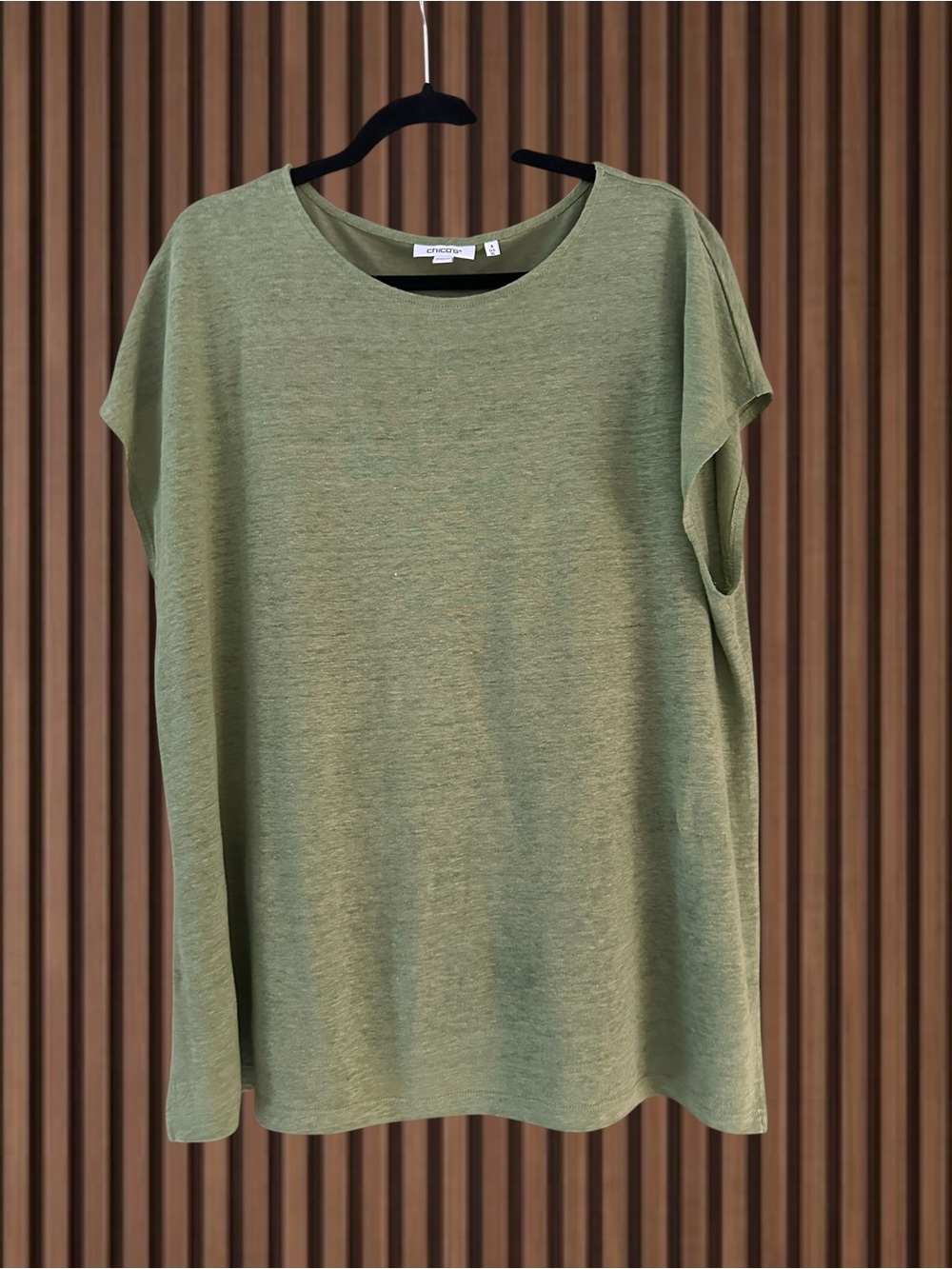 Chico’s 100% Linen Heathered Moss Green Dolman Sleeve Tee Top Size 3 (XL)